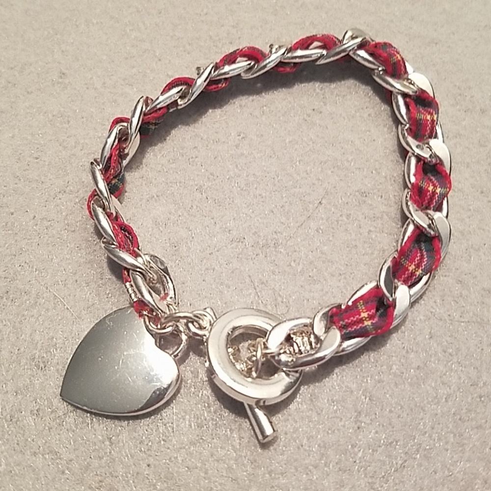 Silver Tone Macy's Plaid Red Cloth Weave Bracelet